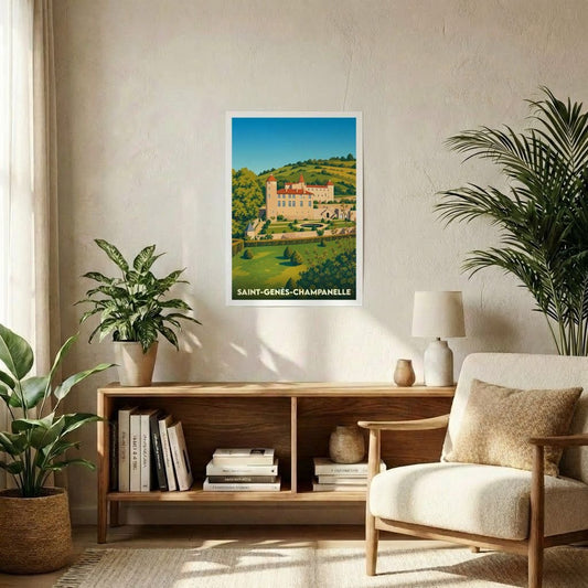 Affiche souvenir de la ville de Saint-Genès-Champanelle avec une illustration stylisée de son château et de ses paysages.