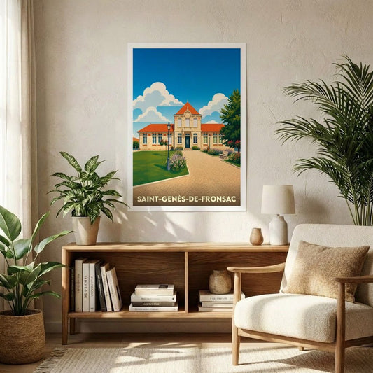 Affiche souvenir de la ville de Saint-Genès-de-Fronsac représentant sa mairie dans un style graphique rétro et coloré.
