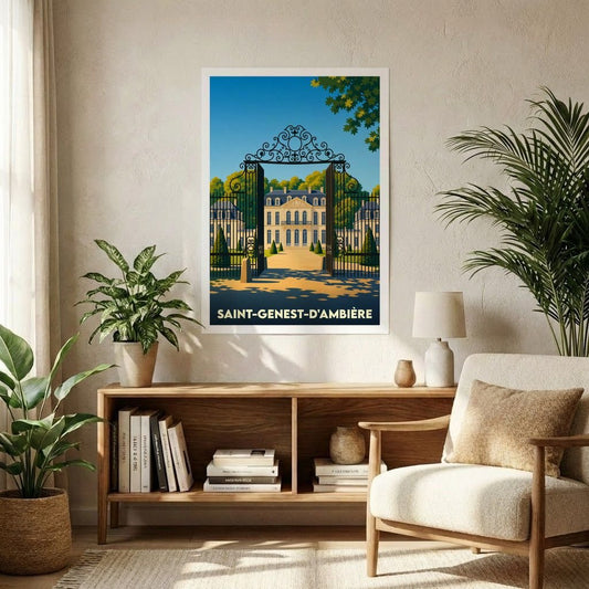 Affiche souvenir de la ville de Saint-Genest-d'Ambière illustrant une vue stylisée d'un château à travers une grille ouvragée.