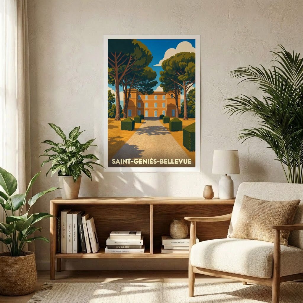 Affiche souvenir de la ville de Saint-Geniès-Bellevue avec une illustration stylisée de son château et de son parc.