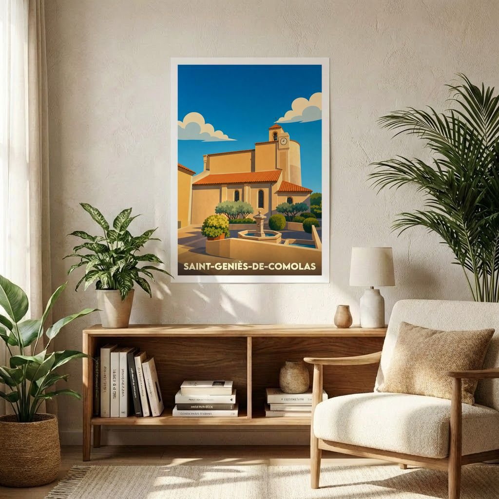 Affiche souvenir de la ville de Saint-Geniès-de-Comolas avec une illustration stylisée de son église et de sa place.