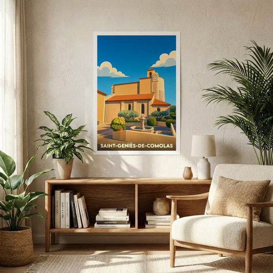 Affiche souvenir de la ville de Saint-Geniès-de-Comolas avec une illustration stylisée de son église et de sa place.