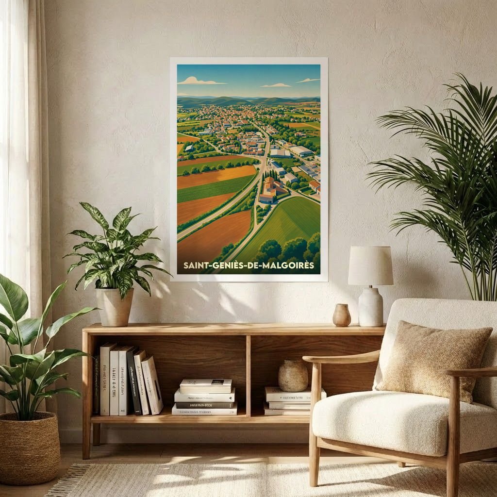 Affiche souvenir de la ville de Saint-Geniès-de-Malgoirès avec une illustration stylisée de son paysage urbain et agricole.