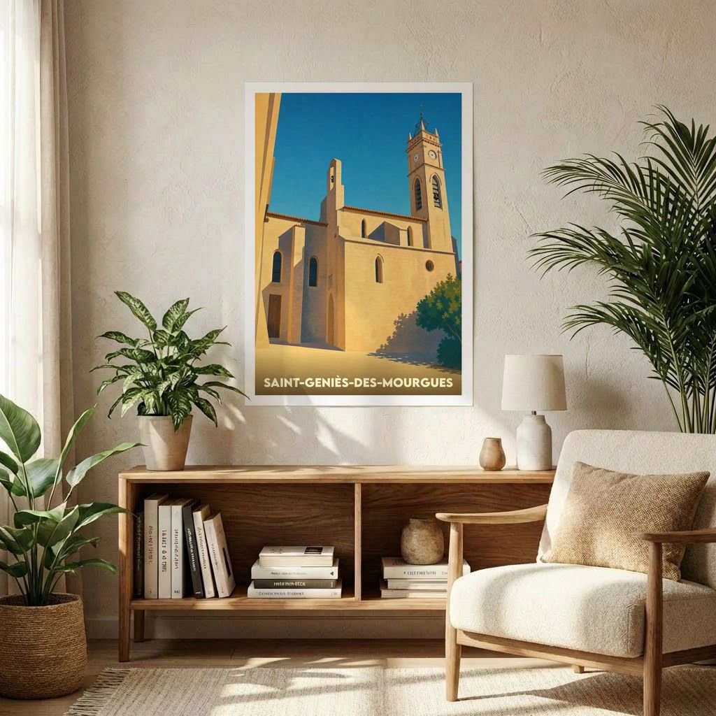 Affiche souvenir de la ville de Saint-Geniès-des-Mourgues avec une illustration stylisée de son église sous un ciel bleu.