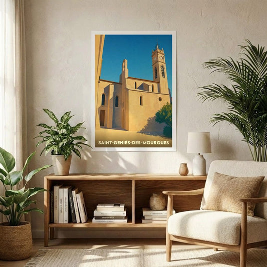 Affiche souvenir de la ville de Saint-Geniès-des-Mourgues avec une illustration stylisée de son église sous un ciel bleu.