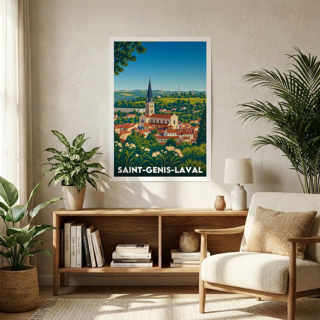 Affiche souvenir de la ville de Saint-Genis-Laval avec une illustration stylisée.