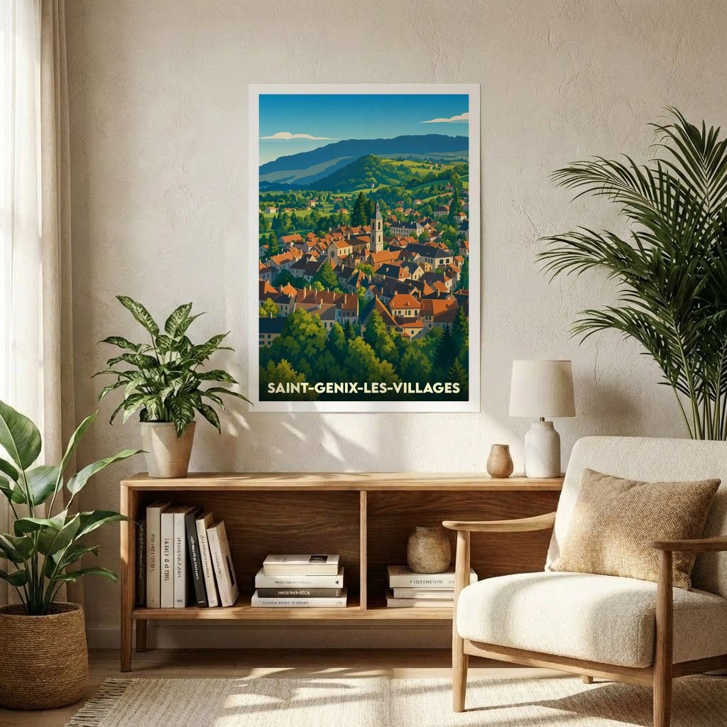 Affiche souvenir de la ville de Saint-Genix-les-Villages avec une illustration stylisée de son paysage vallonné.