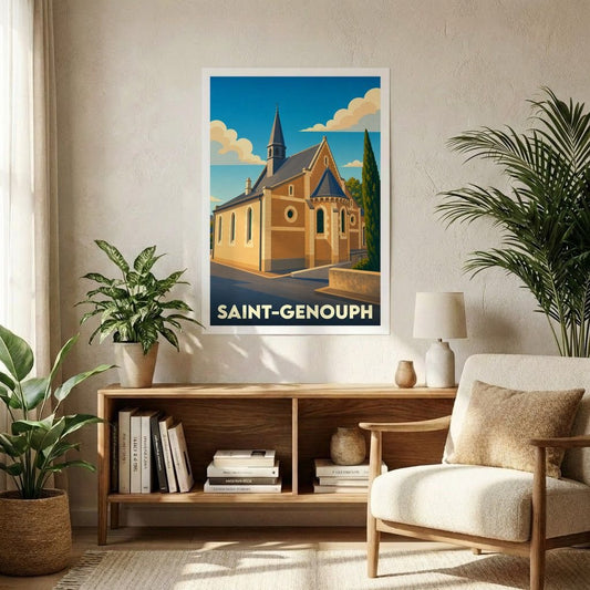 Affiche souvenir de la ville de Saint-Genouph avec une illustration stylisée de son église sous un ciel azur.
