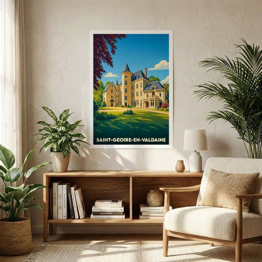 Affiche souvenir de la ville de Saint-Geoire-en-Valdaine représentant un château dans un style vintage coloré.