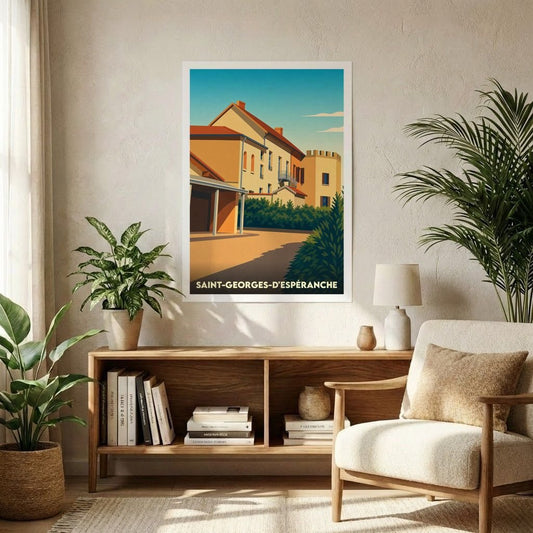 Affiche souvenir de la ville de Saint-Georges-d'Espéranche avec une illustration stylisée d'architecture locale.