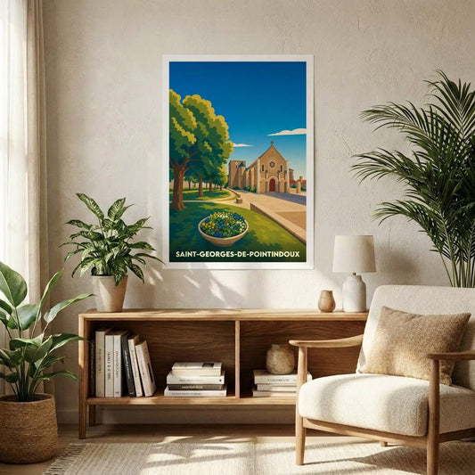 Affiche souvenir de la ville de Saint-Georges-de-Pointindoux avec une illustration stylisée de son église et d'un parc verdoyant.