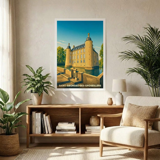 Affiche souvenir de la ville de Saint-Georges-des-Groseillers avec une illustration stylisée d'un château au bord de l'eau.