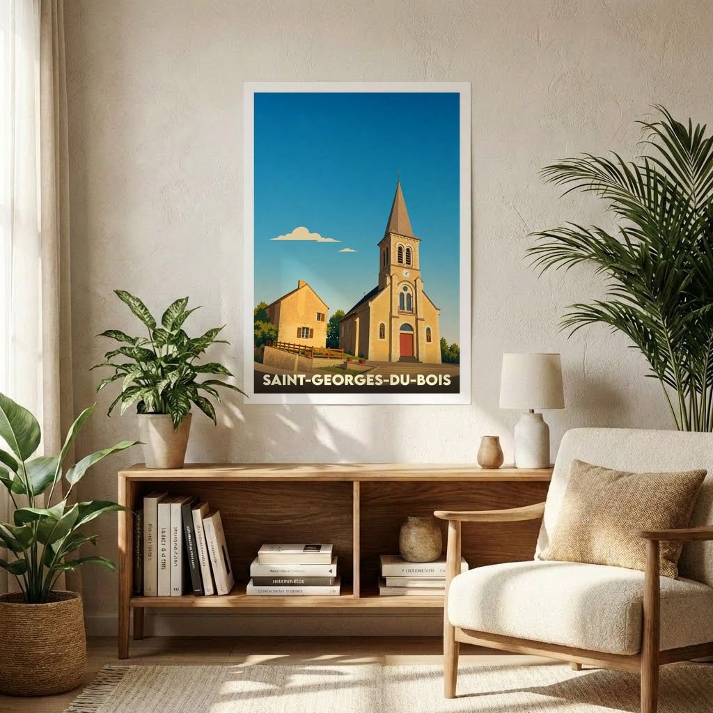 Affiche souvenir de la ville de Saint-Georges-du-Bois avec une illustration stylisée d'une église sous un ciel bleu.