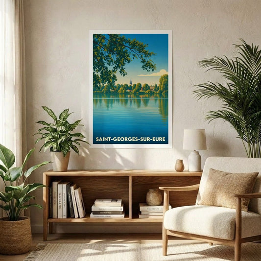 Affiche souvenir de la ville de Saint-Georges-sur-Eure avec une illustration stylisée d'un plan d'eau bordé d'arbres.