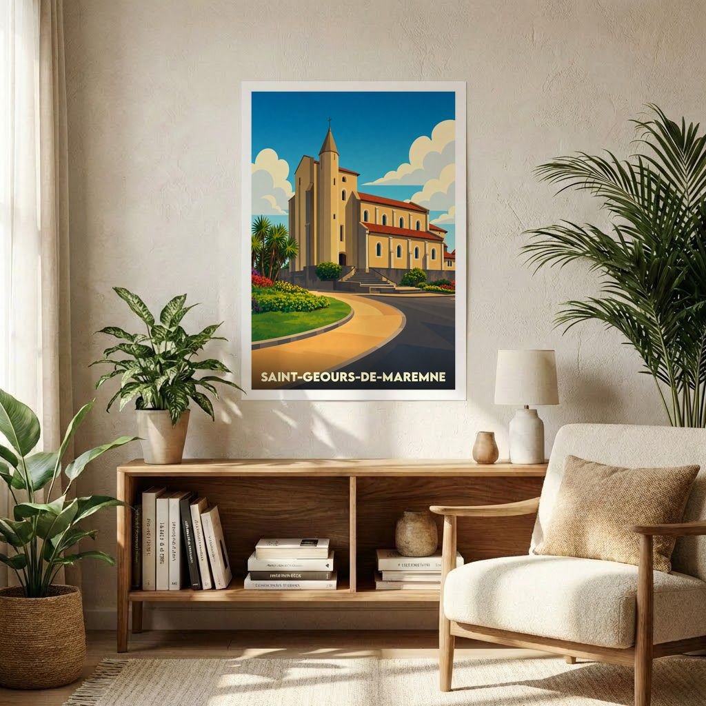 Affiche souvenir de la ville de Saint-Geours-de-Maremne avec une illustration stylisée de son église.