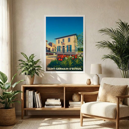 Affiche souvenir de la ville de Saint-Germain-d'Esteuil avec une illustration stylisée d'une bâtisse fleurie.