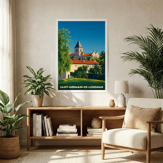 Affiche souvenir de la ville de Saint-Germain-de-Lusignan avec une illustration stylisée d'une église et de bâtiments traditionnels.
