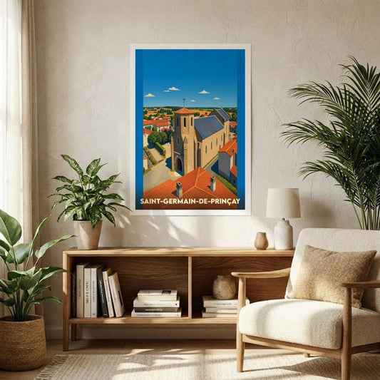 Affiche souvenir de la ville de Saint-Germain-de-Prinçay avec une illustration stylisée.