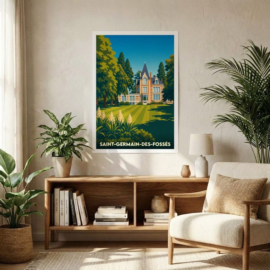 Affiche souvenir de la ville de Saint-Germain-des-Fossés avec une illustration stylisée d'un manoir entouré de verdure.