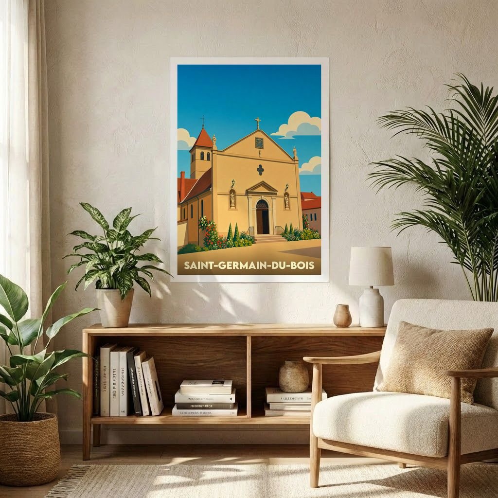 Affiche souvenir de la ville de Saint-Germain-du-Bois avec une illustration stylisée de son église.