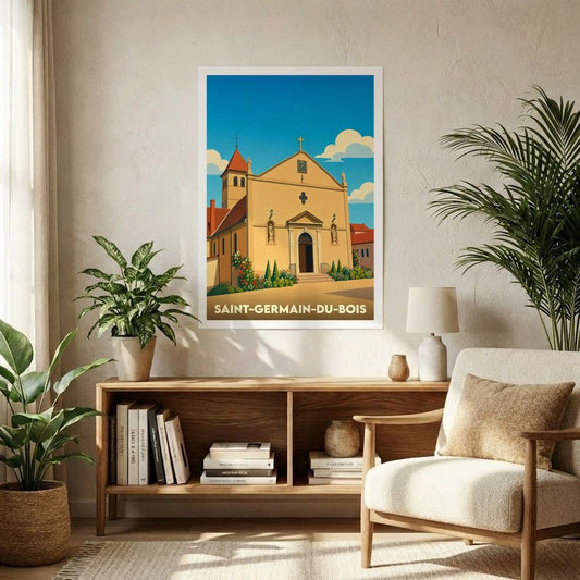 Affiche souvenir de la ville de Saint-Germain-du-Bois avec une illustration stylisée de son église.