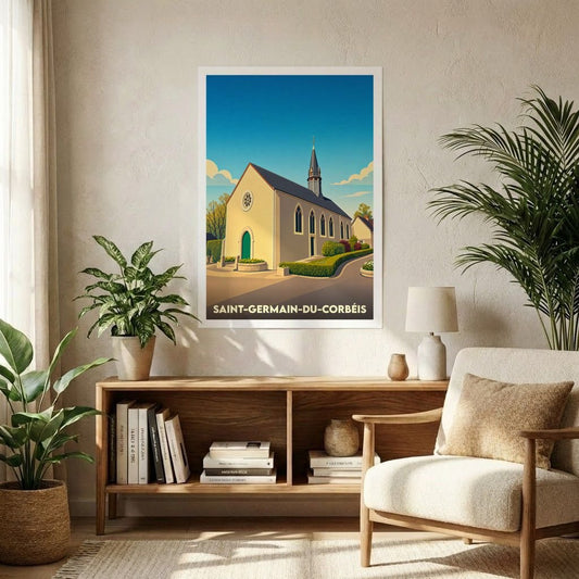 Affiche souvenir de la ville de Saint-Germain-du-Corbéis avec une illustration stylisée de son église.