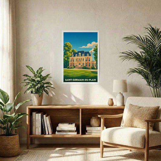 Affiche souvenir de la ville de Saint-Germain-du-Plain avec une illustration stylisée d'un château.