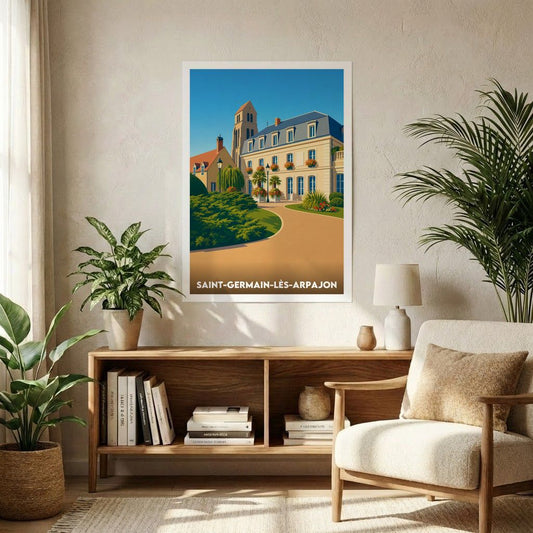 Affiche souvenir de la ville de Saint-Germain-lès-Arpajon avec une illustration stylisée de son architecture.