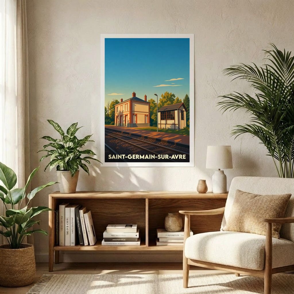 Affiche souvenir de la ville de Saint-Germain-sur-Avre avec une illustration stylisée d'une gare sous une lumière dorée.