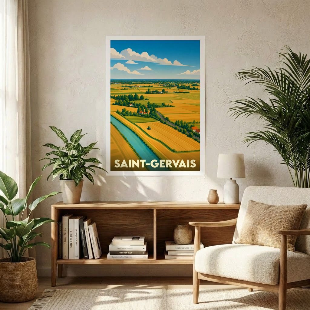 Affiche de format A1 représentant la ville de Saint-Gervais avec une illustration de paysages agricoles stylisée.