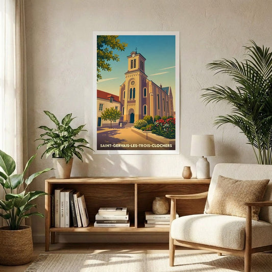 Affiche souvenir de la ville de Saint-Gervais-les-Trois-Clochers avec une illustration stylisée de son église sous un ciel ensoleillé.