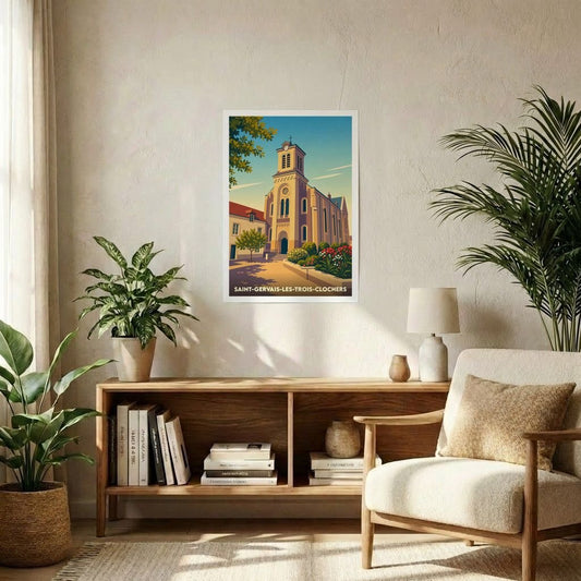 Affiche souvenir de la ville de Saint-Gervais-les-Trois-Clochers présentant une illustration stylisée de son église sous un ciel azur.