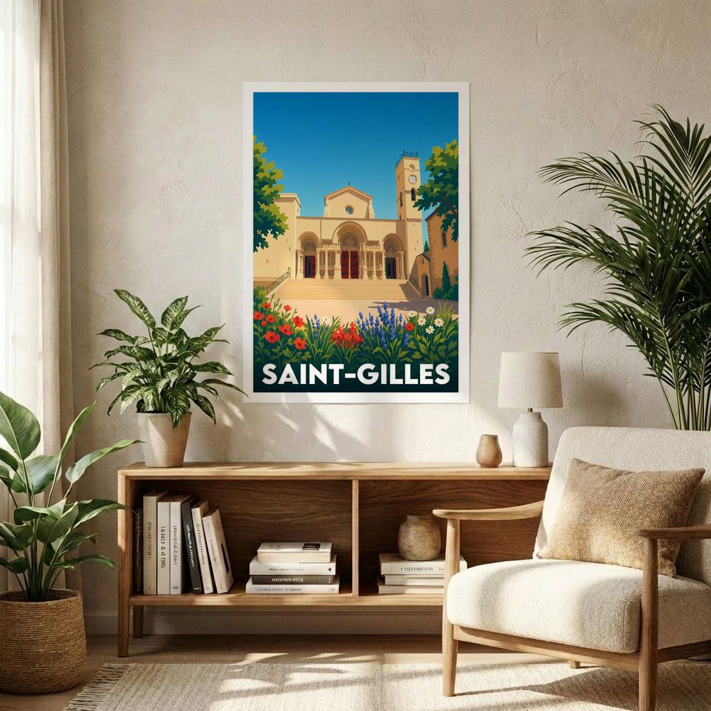 Affiche souvenir de la ville de Saint-Gilles avec une illustration stylisée de son abbaye et de fleurs colorées.