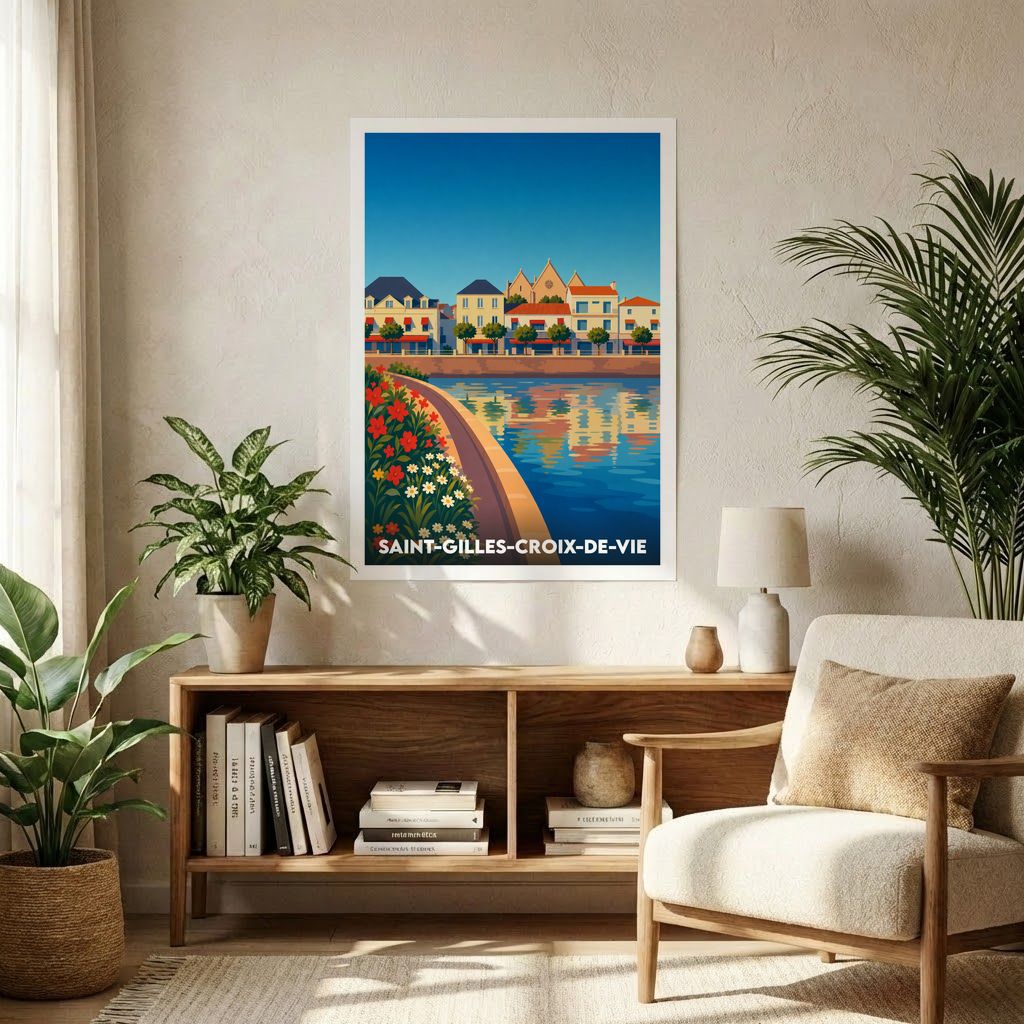 Affiche souvenir de la ville de Saint-Gilles-Croix-de-Vie avec une illustration stylisée et colorée du port.