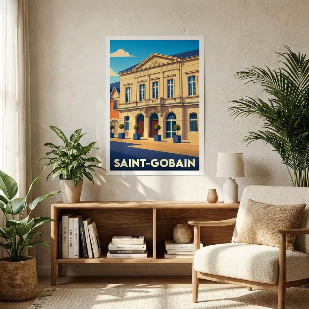 Affiche souvenir de la ville de Saint-Gobain avec une illustration stylisée d'un bâtiment historique.