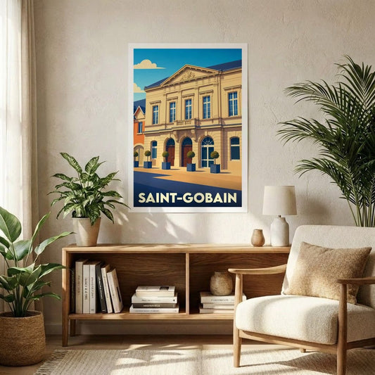 Affiche souvenir de la ville de Saint-Gobain avec une illustration stylisée d'un bâtiment historique.