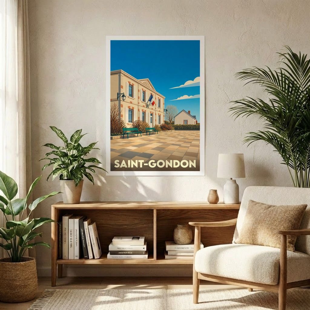 Affiche souvenir de la ville de Saint-Gondon avec une illustration stylisée d'un bâtiment municipal et de sa place pavée.