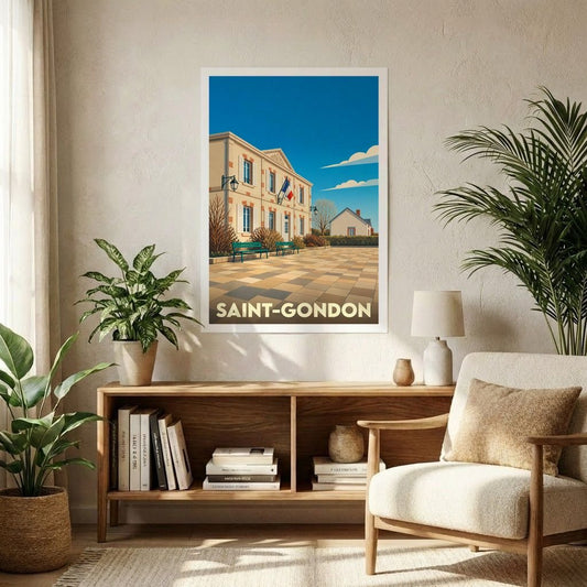 Affiche souvenir de la ville de Saint-Gondon avec une illustration stylisée d'un bâtiment municipal et de sa place pavée.