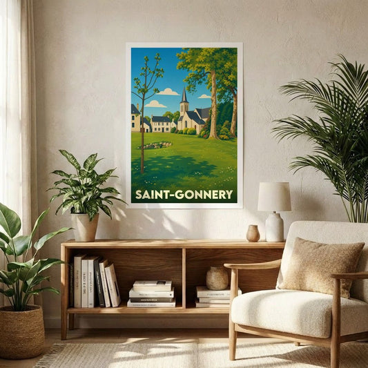 Affiche souvenir de la ville de Saint-Gonnery avec une illustration stylisée.