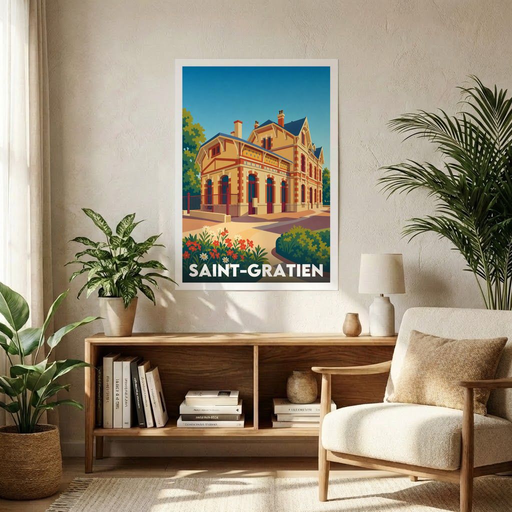 Affiche souvenir de la ville de Saint-Gratien avec une illustration stylisée.