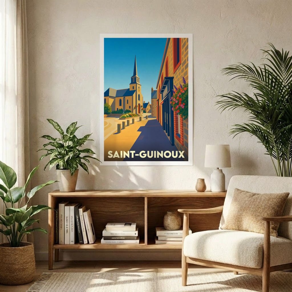 Affiche souvenir de la ville de Saint-Guinoux présentant une illustration stylisée et colorée de son église sous un ciel bleu.