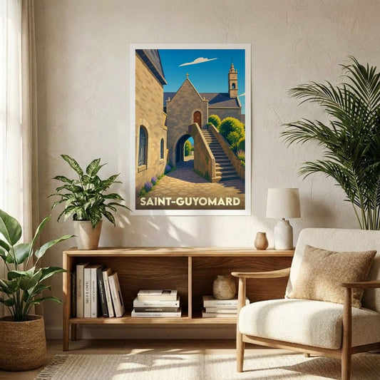 Affiche souvenir de la ville de Saint-Guyomard avec une illustration stylisée de son architecture en pierre.