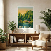 Affiche souvenir de la ville de Saint-Herblain avec une illustration stylisée d'un parc arboré au bord de l'eau.