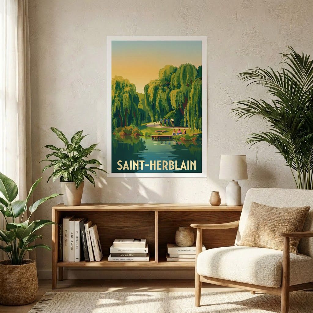 Affiche souvenir de la ville de Saint-Herblain avec une illustration stylisée d'un parc arboré au bord de l'eau.
