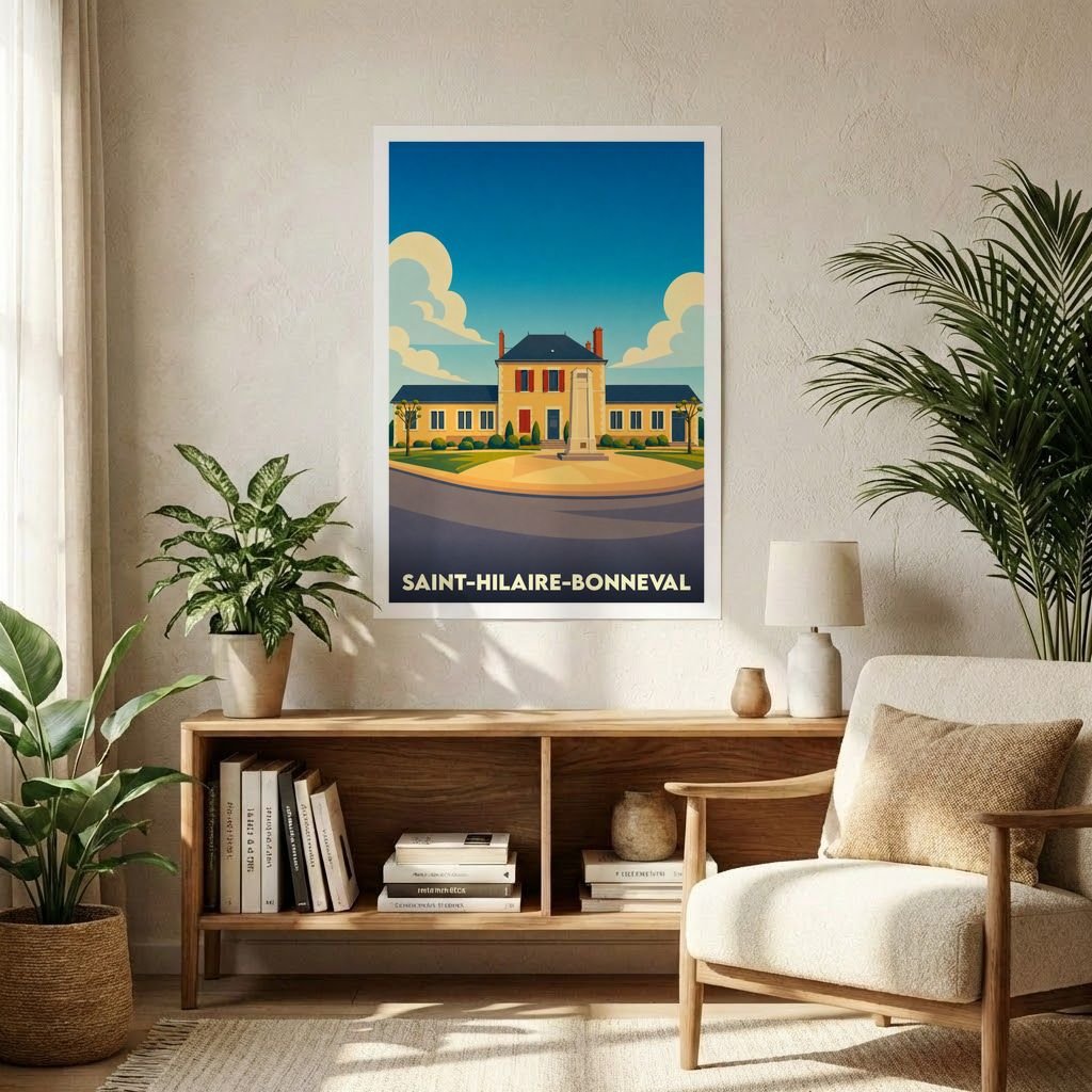 Affiche souvenir de la ville de Saint-Hilaire-Bonneval avec une illustration stylisée.