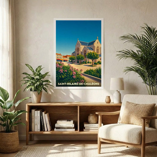 Affiche souvenir de la ville de Saint-Hilaire-de-Chaléons avec une illustration stylisée de son église et de sa place fleurie.
