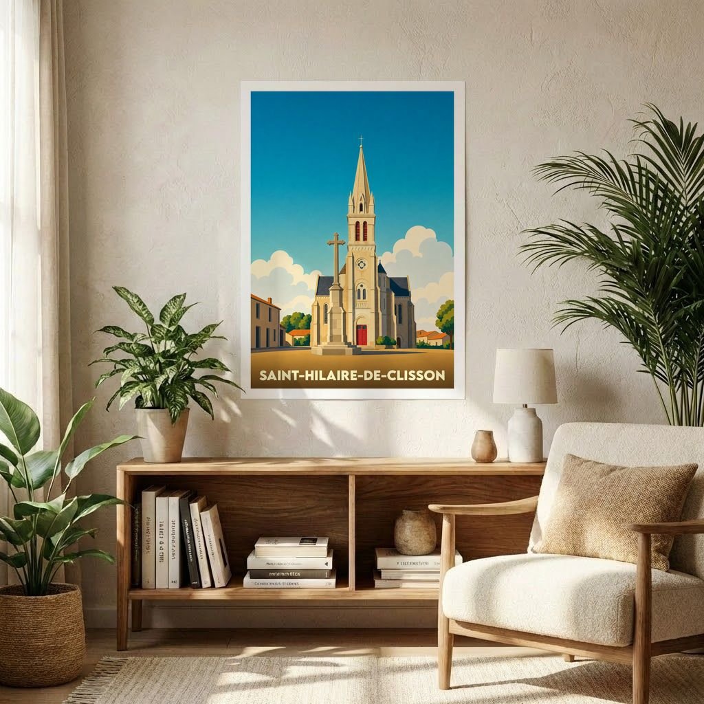 Affiche souvenir de la ville de Saint-Hilaire-de-Clisson avec une illustration stylisée de son église.