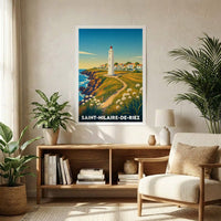 Affiche souvenir de la ville de Saint-Hilaire-de-Riez avec une illustration stylisée de son phare et de son littoral.