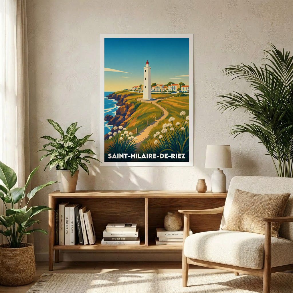 Affiche souvenir de la ville de Saint-Hilaire-de-Riez avec une illustration stylisée de son phare et de son littoral.