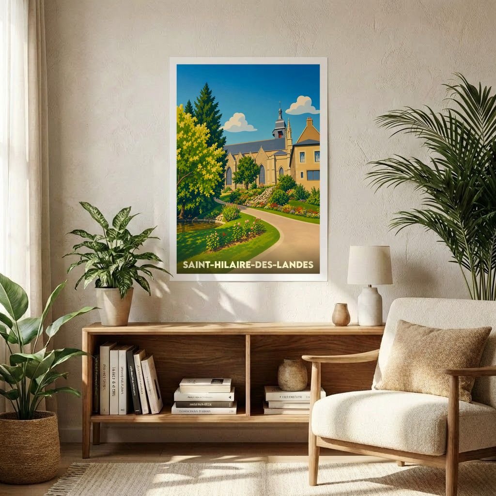 Affiche souvenir de la ville de Saint-Hilaire-des-Landes avec une illustration stylisée et colorée de son église et de ses jardins.